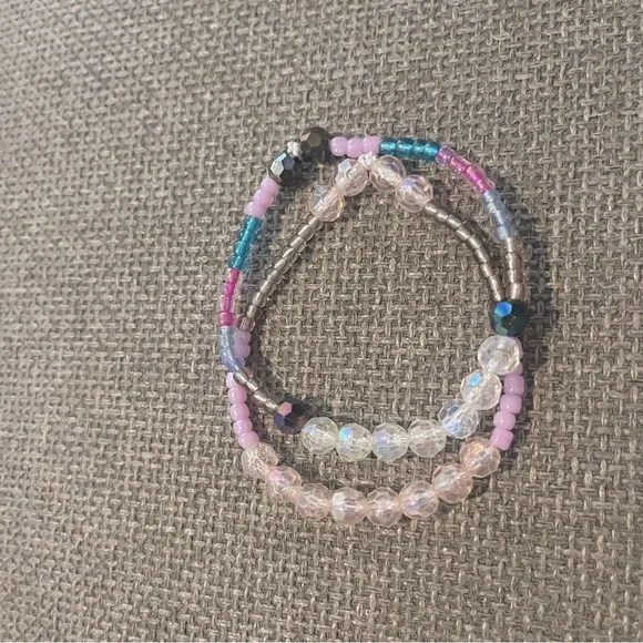 Iridescent & Glass beads Stretch bracelets Purple Pink Blue Clear NWT 4 Handmade - Picture 9 of 9